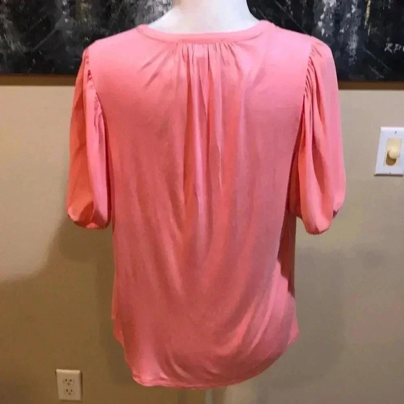 Loft Puffed Short  Sleeved Button Front Mixed Fabric Peach Color Top-Size M - Picture 2 of 8